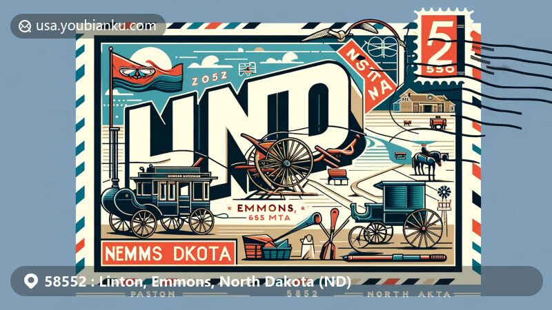 Modern illustration of Linton, Emmons County, North Dakota, featuring a stylized postcard theme with landmarks, cultural symbols, and postal elements, showcasing Emmons County's history and state pride.
