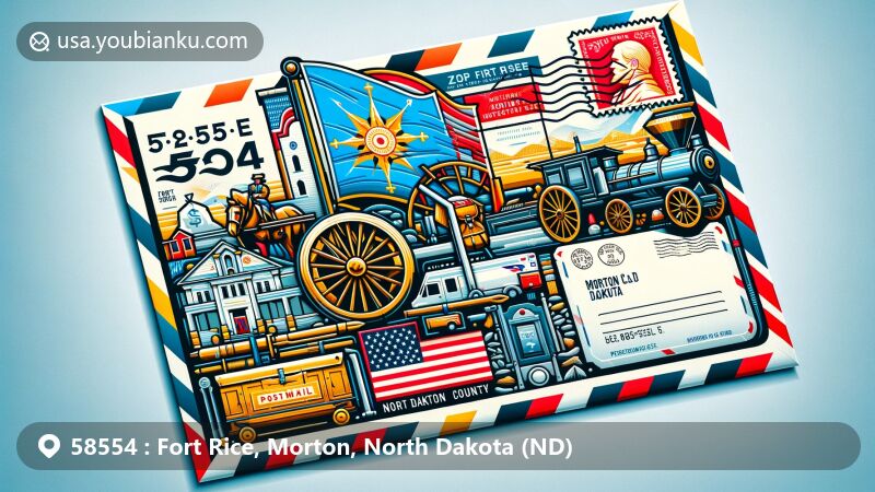 Modern illustration of Fort Rice, Morton County, North Dakota, showcasing postal theme with ZIP code 58554, featuring historical fort representation, Mandan city, and North Dakota state flag.