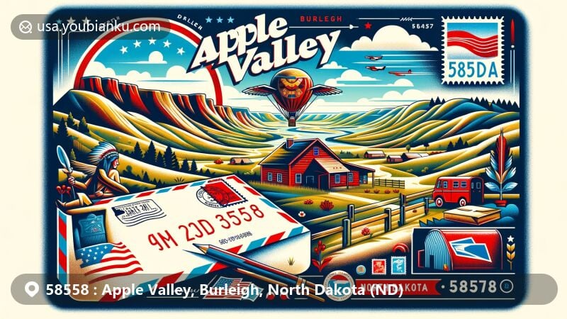 Modern illustration of Apple Valley, Burleigh, North Dakota, with Menoken Indian Village Site in the background, highlighting postal theme with ZIP code 58558 and North Dakota state symbols.