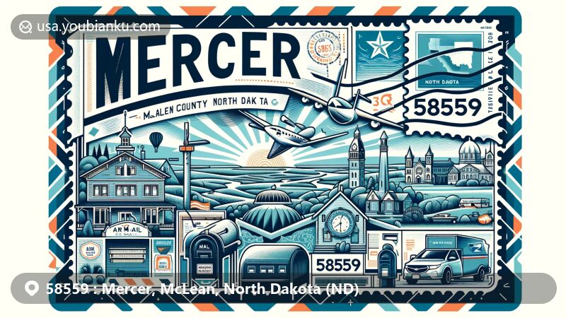 Modern illustration of Mercer, McLean County, North Dakota, highlighting postal theme with ZIP code 58559, featuring state symbols, local landmarks, and postal elements in a postcard style.