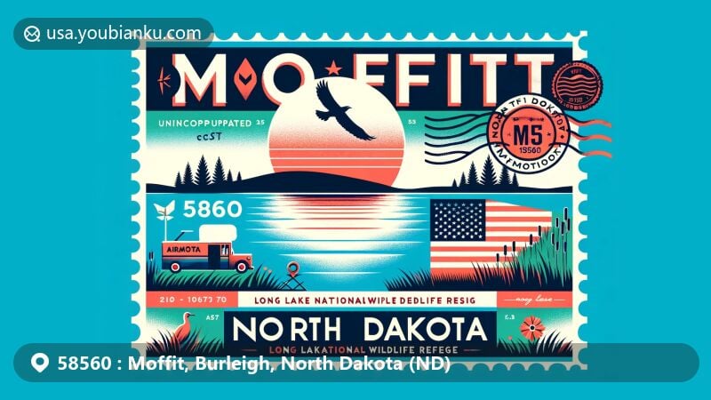 Modern illustration of Moffit, Burleigh County, North Dakota, featuring airmail envelope theme with ZIP code 58560, showcasing Long Lake National Wildlife Refuge and North Dakota state symbols.