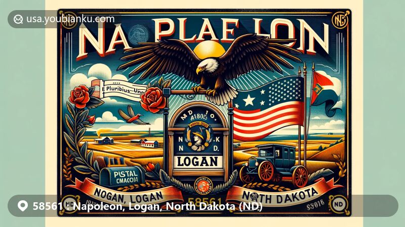 Modern illustration of Napoleon, Logan County, North Dakota, showcasing postal theme with ZIP code 58561, featuring rural landscape, North Dakota state flag, vintage postal elements, and local climate references.