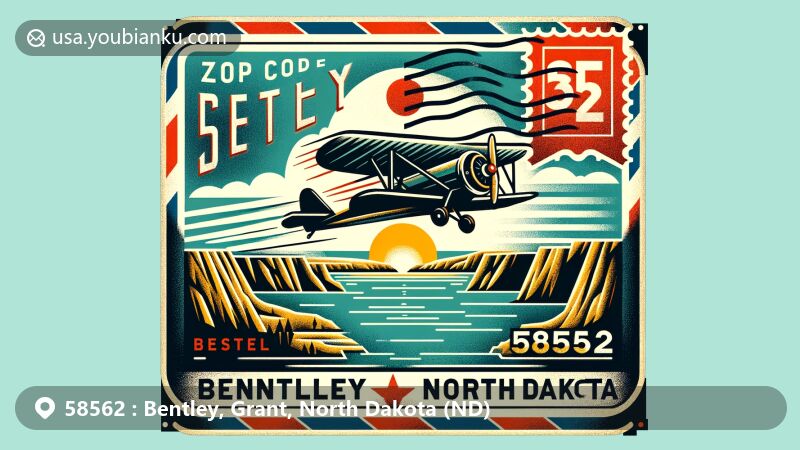 Modern illustration of Bentley, Grant County, North Dakota, featuring postal theme with ZIP code 58562, depicting Bentley Lake and North Dakota symbols.