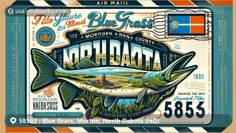 Vintage-style air mail envelope with North Dakota flag and iconic landmarks like Theodore Roosevelt National Park, featuring state fish and ZIP Code 58563.