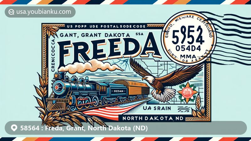 Modern illustration of Freda, Grant, North Dakota, with ZIP code 58564, featuring postal theme, Milwaukee Railroad, and North Dakota state symbols like the state coat of arms and wild prairie rose.