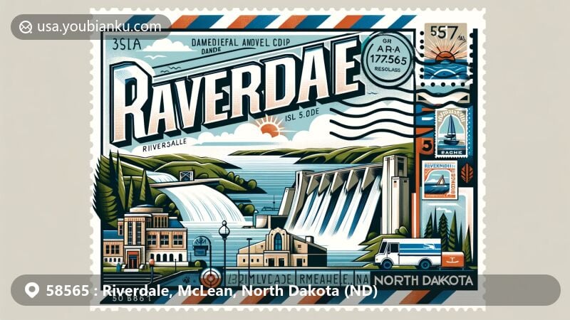 Modern illustration of Riverdale, McLean County, North Dakota, highlighting postal theme with ZIP code 58565, featuring Garrison Dam, Lake Sakakawea, and North Dakota landscape.