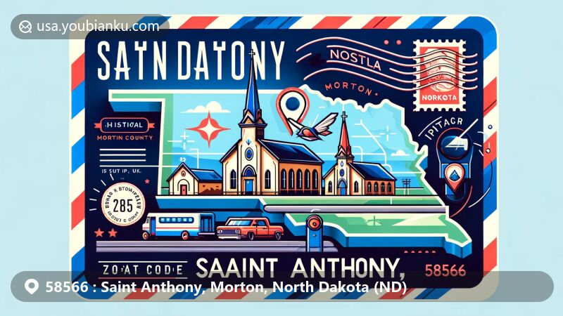 Modern illustration of Saint Anthony, Morton County, North Dakota, depicting a stylized postcard with a map of North Dakota, showcasing historical buildings, like a church and a school, and postal elements, such as a stamp and postmark, with ZIP code 58566.