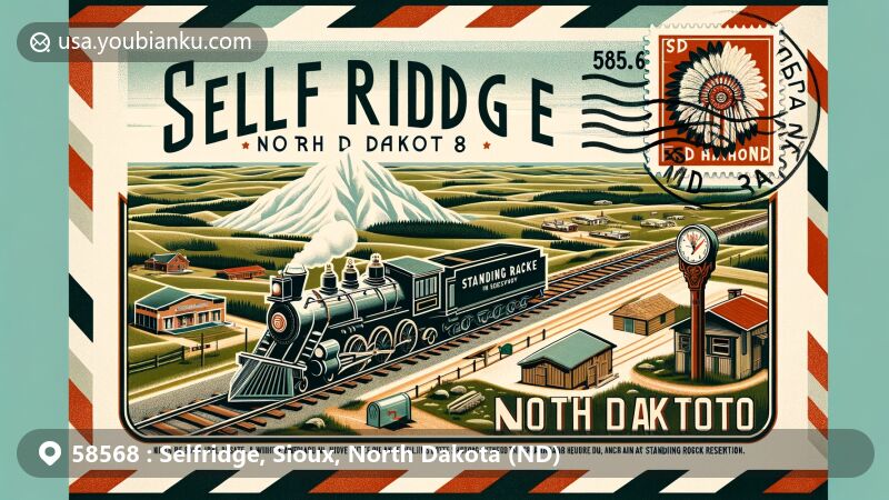 Modern illustration of Selfridge, Sioux County, North Dakota, as a vintage airmail envelope featuring a historical train, White Butte landscape, and cultural elements from Standing Rock Indian Reservation.