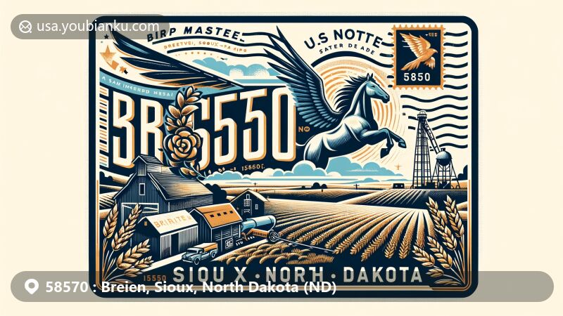 Modern illustration of Breien, Sioux, North Dakota, inspired by airmail envelopes and vintage postmarks, featuring ZIP code 58570 and North Dakota symbols like the Nokota horse and Wild Prairie Rose.