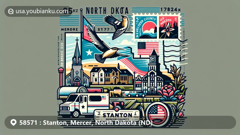 Modern illustration of Stanton, Mercer County, North Dakota, highlighting postal theme with ZIP code 58571, featuring Mercer County landmarks and North Dakota state symbols.