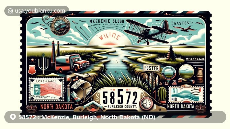 Modern illustration of McKenzie, Burleigh County, North Dakota, highlighting McKenzie Slough and postal theme with vintage airmail elements and ZIP code 58572.