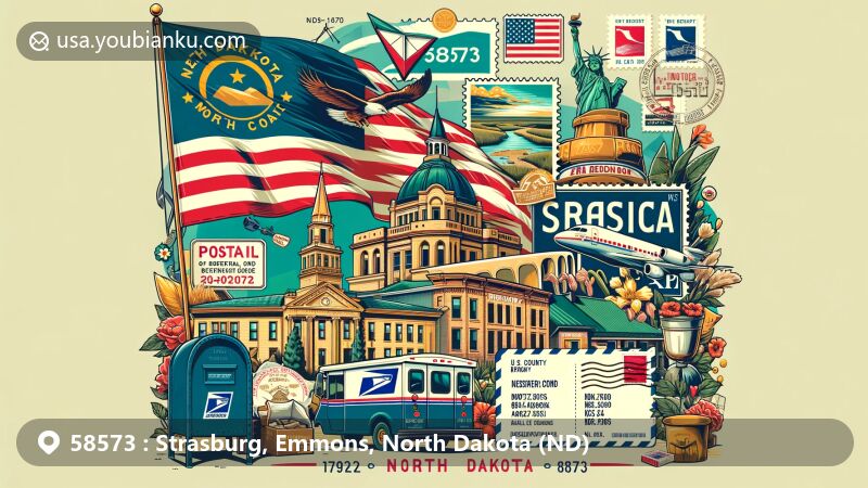 Modern illustration of Strasburg, Emmons County, North Dakota, featuring postal theme with ZIP code 58573, including North Dakota state flag, postcard, airmail envelope, stamps, postmarks, ZIPCode, mailbox, and mail truck.