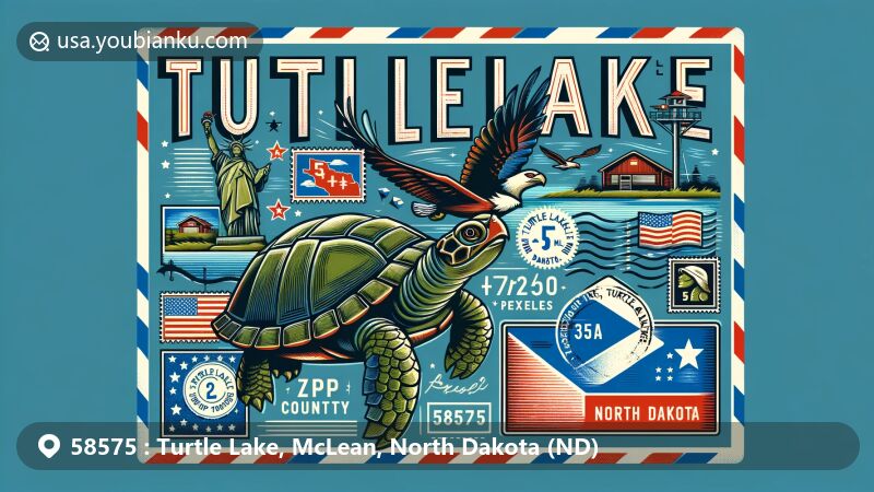 Modern illustration of Turtle Lake, McLean County, North Dakota, showcasing postal theme with ZIP code 58575, featuring Rusty the Turtle statue and North Dakota state flag.