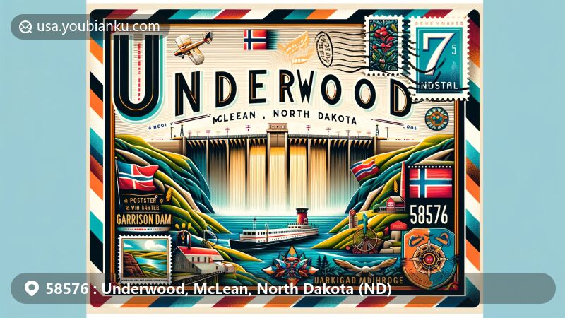 Vivid illustration of Underwood, McLean, North Dakota, 58576, in the style of an airmail envelope with postal stamps and postmarks, featuring Garrison Dam, Falkirk Mine, and Norwegian immigrant heritage symbols.