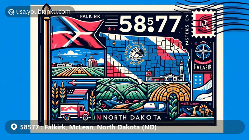 Modern illustration of Falkirk, McLean County, North Dakota, showcasing postal theme with ZIP code 58577, featuring state flag, county map, and local cultural symbols.