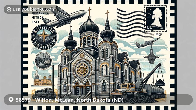Modern illustration of Wilton, North Dakota, featuring the Holy Trinity Ukrainian Greek Orthodox Church, coal mining heritage symbols, and postal elements like postage stamps and postmarks with ZIP code 58579.