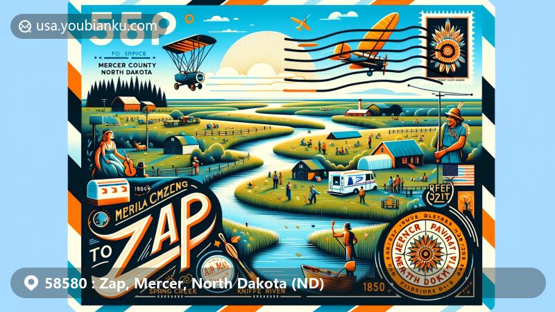Modern illustration of Zap, Mercer County, North Dakota, designed as a postcard with ZIP code 58580, showcasing prairie landscape, Spring Creek, and 'Zip to Zap' event of 1969.
