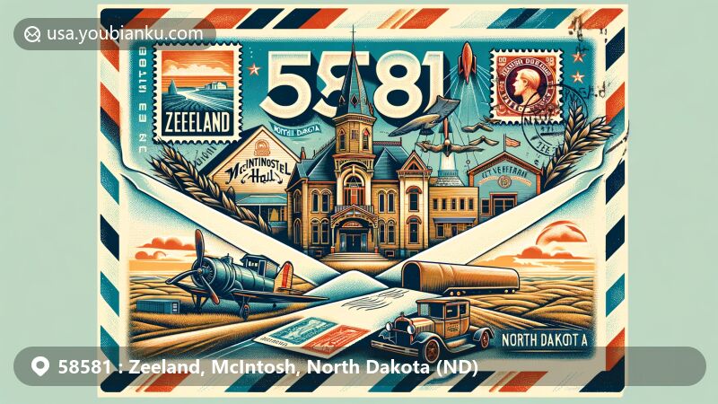 Modern illustration of Zeeland, McIntosh County, North Dakota, showcasing postal theme with ZIP code 58581, featuring Zeeland Hall and St. Andrew's Church amidst North Dakota landscape.