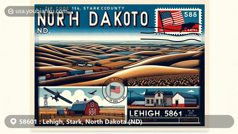 Modern illustration of Lehigh, Stark County, North Dakota, showcasing the rugged beauty and coal mining history of the area, with vintage air mail envelope theme and North Dakota state flag stamp.