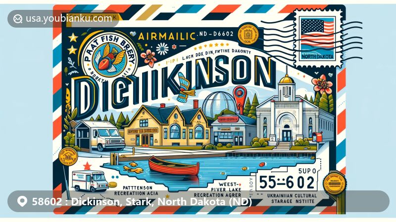 Modern illustration of Dickinson area, highlighting Phat Fish Brewery, Patterson Lake Recreation Area, West River Community Center, and Ukrainian Cultural Institute, with North Dakota state flag and Stark County outline.