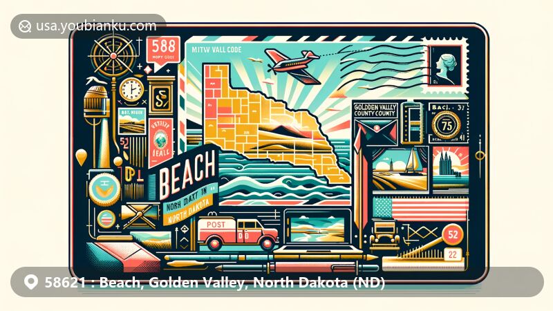Modern illustration of Beach, Golden Valley County, North Dakota, showcasing postal theme with ZIP code 58621, featuring local landmarks and North Dakota state flag elements.