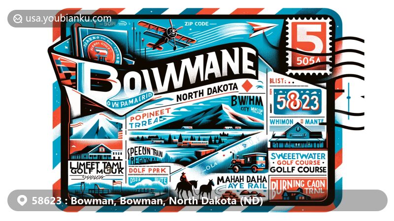 Modern illustration of Bowman, North Dakota, showcasing the ZIP code 58623 in a postal theme with key landmarks like Pioneer Trails Regional Museum, Bowman City Park, Sweetwater Golf Course, and natural features like White Butte and Maah Daah Hey Trail.