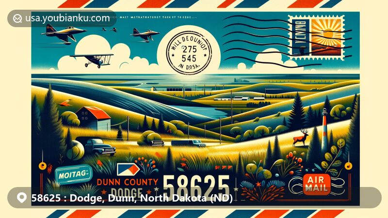 Modern illustration of Dodge, Dunn County, North Dakota, featuring landscape with rolling hills and Killdeer Mountains, showcasing local vegetation like bur oak and aspen trees, and iconic elements such as the Missouri River and native wildlife. ZIP code 58625 is highlighted with vintage postal elements.