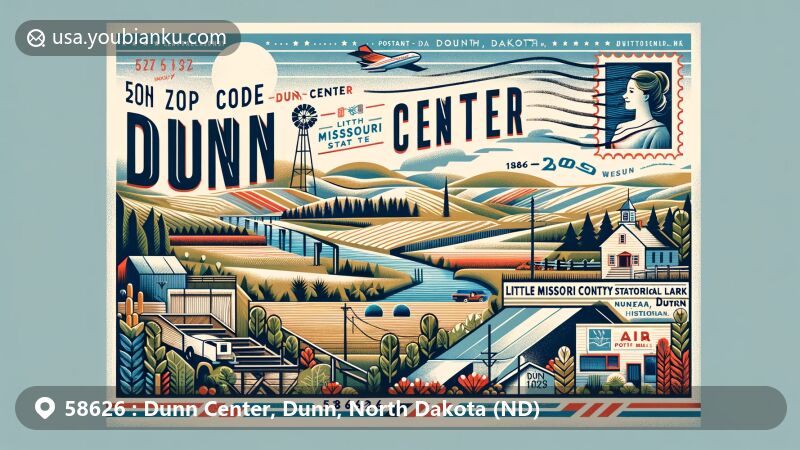Modern illustration of Dunn Center, Dunn, North Dakota, showcasing postal theme with ZIP code 58626, featuring Little Missouri State Park and Dunn County Historical Museum.