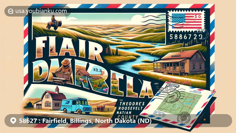 Modern illustration of Fairfield, North Dakota, featuring a picturesque airmail envelope with scene from Theodore Roosevelt National Park, grasslands, creek, and Billings County map.