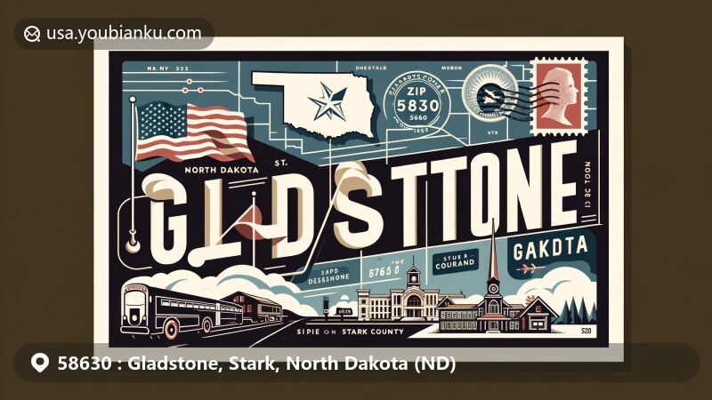 Contemporary illustration of Gladstone, Stark County, North Dakota, highlighting ZIP code 58630, featuring state flag, county map outline, and local landmark.