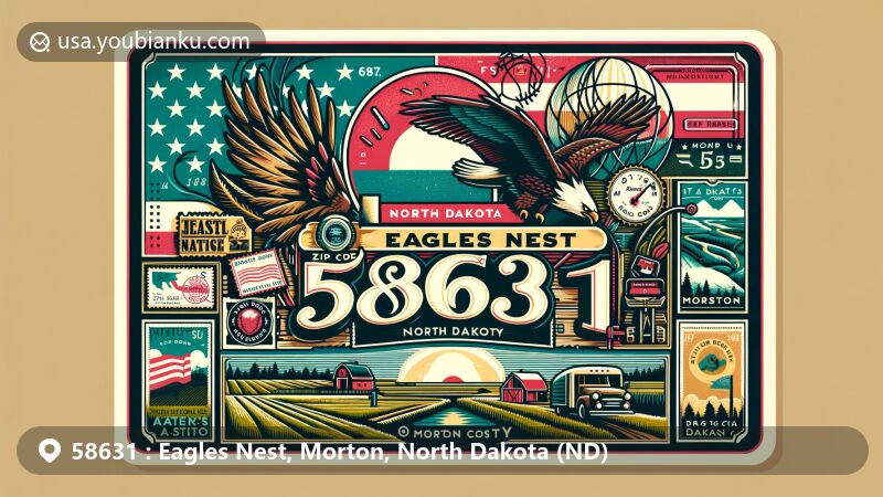 Vibrant modern illustration of Eagles Nest and Morton, North Dakota, showcasing ZIP Code 58631, state flag, Morton County map outline, rural landscape, vintage postal elements, and postal themes.