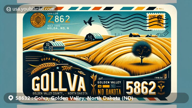 Vintage-style air mail envelope illustration for Golva, Golden Valley County, North Dakota, showcasing ZIP code 58632 and Golva, ND, with key elements of town's history and geography, including lone tree, golden wheat fields, and rural layout.