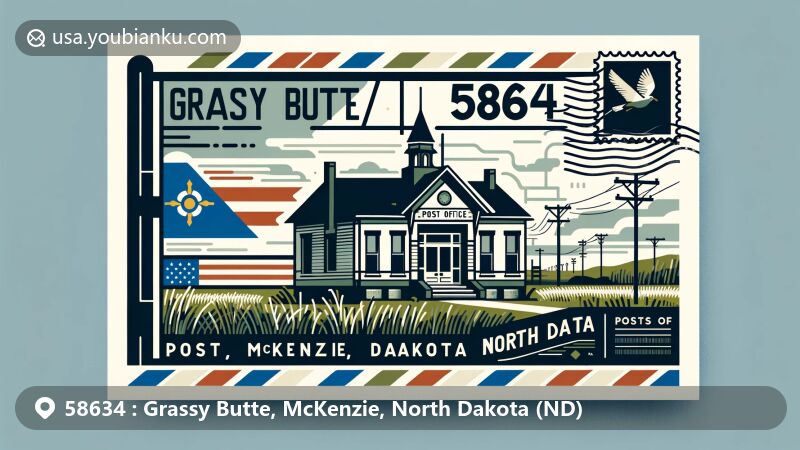 Modern illustration of Grassy Butte, McKenzie County, North Dakota, featuring Old Post Office, state flag, and postal elements, with ZIP code 58634.
