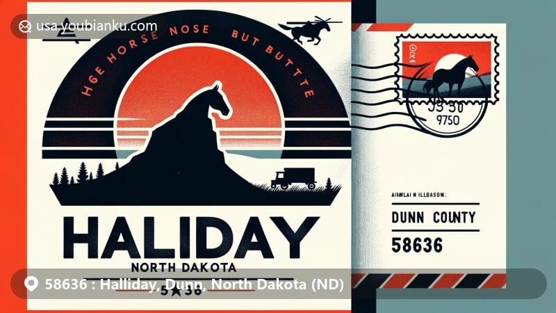 Modern illustration of Halliday, Dunn County, North Dakota, with silhouette of Horse Nose Butte, representing natural beauty and outdoor activities, incorporating historical elements and postal theme with ZIP code 58636.