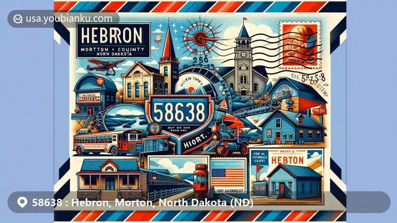 Vintage airmail envelope illustration for ZIP Code 58638, Hebron, Morton County, North Dakota, showcasing local landmarks like Hebron Historical Museum and Pioneer House, Fort Sauerkraut, and elements reflecting the area's climate and postal heritage.