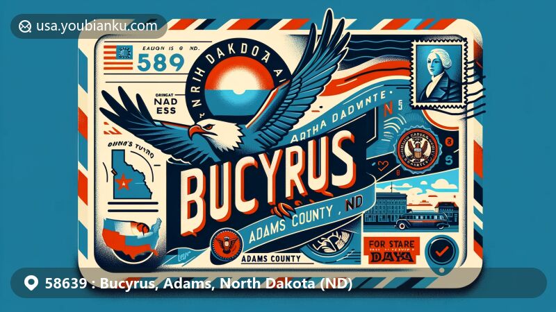 Vintage-style illustration of Bucyrus, Adams County, North Dakota, inspired by postal tradition with ZIP code 58639 and North Dakota state flag, featuring local landmarks and historical elements.