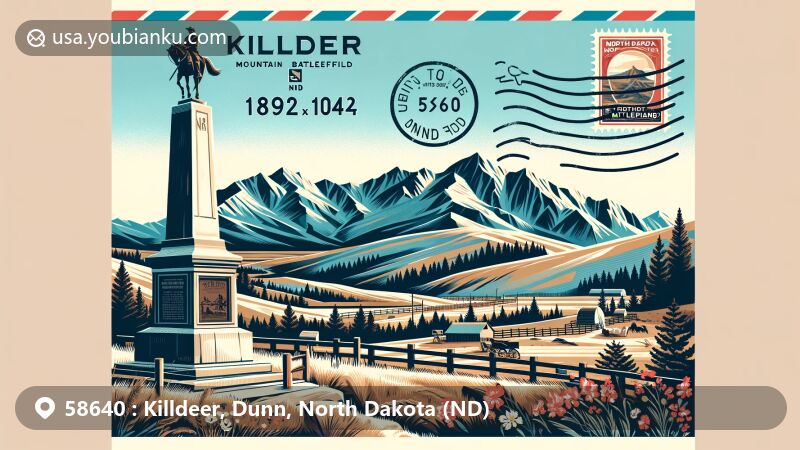 Modern illustration of Killdeer, Dunn County, North Dakota, featuring iconic postal elements like vintage stamp and airmail envelope, highlighting Killdeer Mountain Battlefield State Historic Site against scenic Killdeer Mountains.