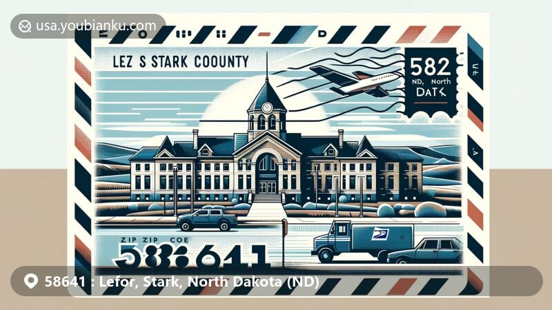 Modern illustration of Lefor, Stark County, North Dakota, featuring Stark County Courthouse, postal elements, and regional cultural characteristics.