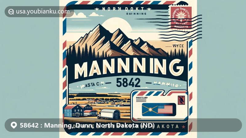 Creative illustration of Manning, Dunn County, North Dakota, featuring postal theme with ZIP code 58642, including Killdeer Mountains, Manning town, and North Dakota state flag.