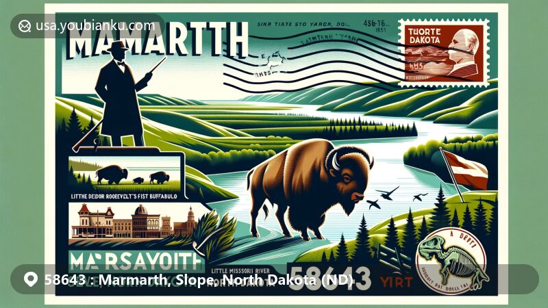 Modern illustration showcasing postal theme with ZIP code 58643, featuring Marmarth, Slope, North Dakota, Little Missouri River landscape, green vegetation symbolizing Marmarth's natural heritage, Theodore Roosevelt hunting buffalo image, possibly silhouette of Roosevelt with a buffalo, integration of Dakota fossil or dinosaur skeleton representing Marmarth's paleontological importance. Includes stamps, postmark, and postal code, in a modern and captivating style, ideal for webpage feature showcase.