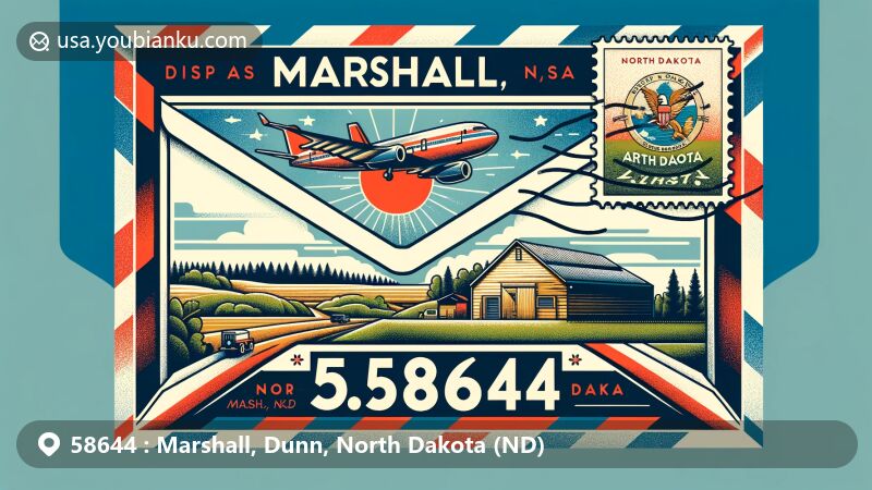Vintage-style airmail envelope illustration depicting ZIP Code 58644, Marshall, Dunn County, North Dakota, with North Dakota state flag stamp, showcasing Dunn County landscape.