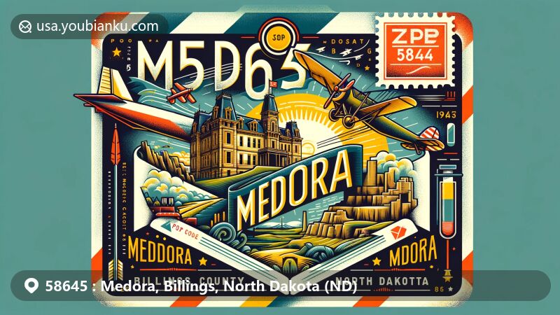 Vintage-style illustration of Medora, Billings County, North Dakota, featuring ZIP code 58645 and symbolic airmail envelope, showcasing Chateau de Mores, De Mores Packing Plant, and North Dakota state flag.