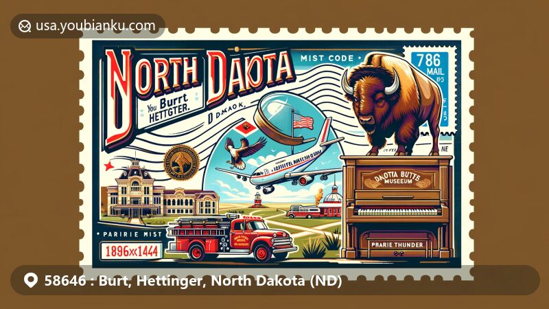 Modern illustration of Burt, Hettinger, North Dakota, highlighting ZIP Code 58646 with state flag and Dakota Buttes Museum icons, including grand piano and vintage fire engine, alongside buffalo bull 