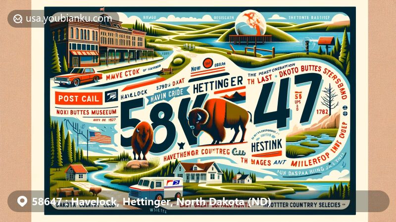 Modern illustration of Havelock and Hettinger, North Dakota, showcasing Dakota Buttes Museum, Hettinger Country Club, Last Great Buffalo Hunts Site, lakes, mountains, and postal elements with ZIP code 58647.