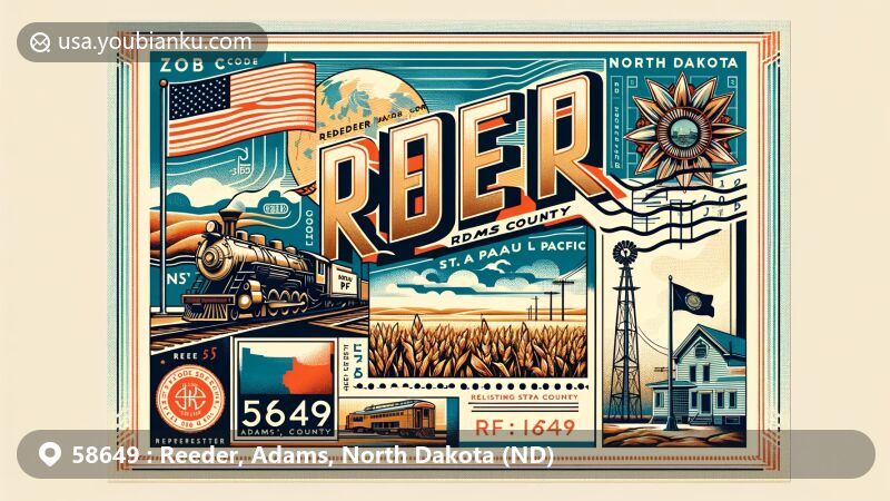 Modern illustration of Reeder, Adams County, North Dakota, highlighting iconic symbols like the Chicago, Milwaukee, St. Paul and Pacific Railroad, North Dakota landscape, and the state flag.