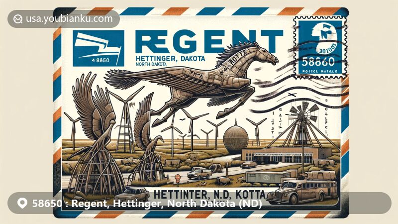 Modern illustration of Regent, Hettinger, North Dakota (ND), emphasizing postal theme with ZIP code 58650, featuring Enchanted Highway sculptures like 'Geese in Flight' and 'Pheasants on the Prairie', and highlighting Hettinger County Historical Society Museum.