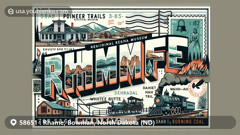 Modern illustration of Rhame, North Dakota, featuring historical and educational aspects, Pioneer Trails Regional Museum, and natural landscapes like White Butte, Maah Daah Hey Trail, and Burning Coal Vein, with ZIP code 58651 and postal elements.