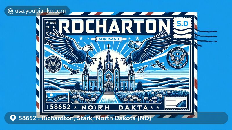Modern illustration of Richardton, North Dakota, depicting postal theme with state flag, Assumption Abbey, and Schnell Recreation Area.