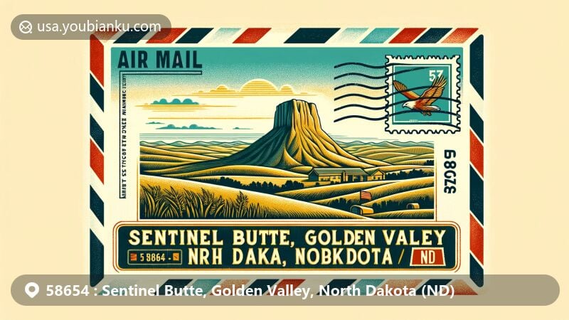Vintage-style illustration of Sentinel Butte, Golden Valley, North Dakota, featuring air mail envelope with ZIP code 58654 and North Dakota state flag stamp.