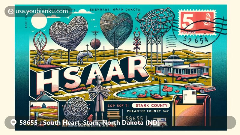 Colorful illustration of South Heart, Stark County, North Dakota, featuring elements of Heart River, Enchanted Highway sculptures, and Pheasant Country Golf Course, with postcard-style design including stamp, postmark, ZIP code, mailbox, and mail truck.